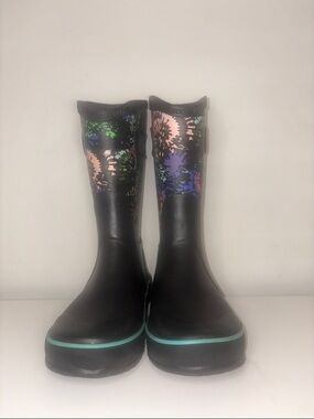 Bogs Kids Black Rain Boots with Floral Accent